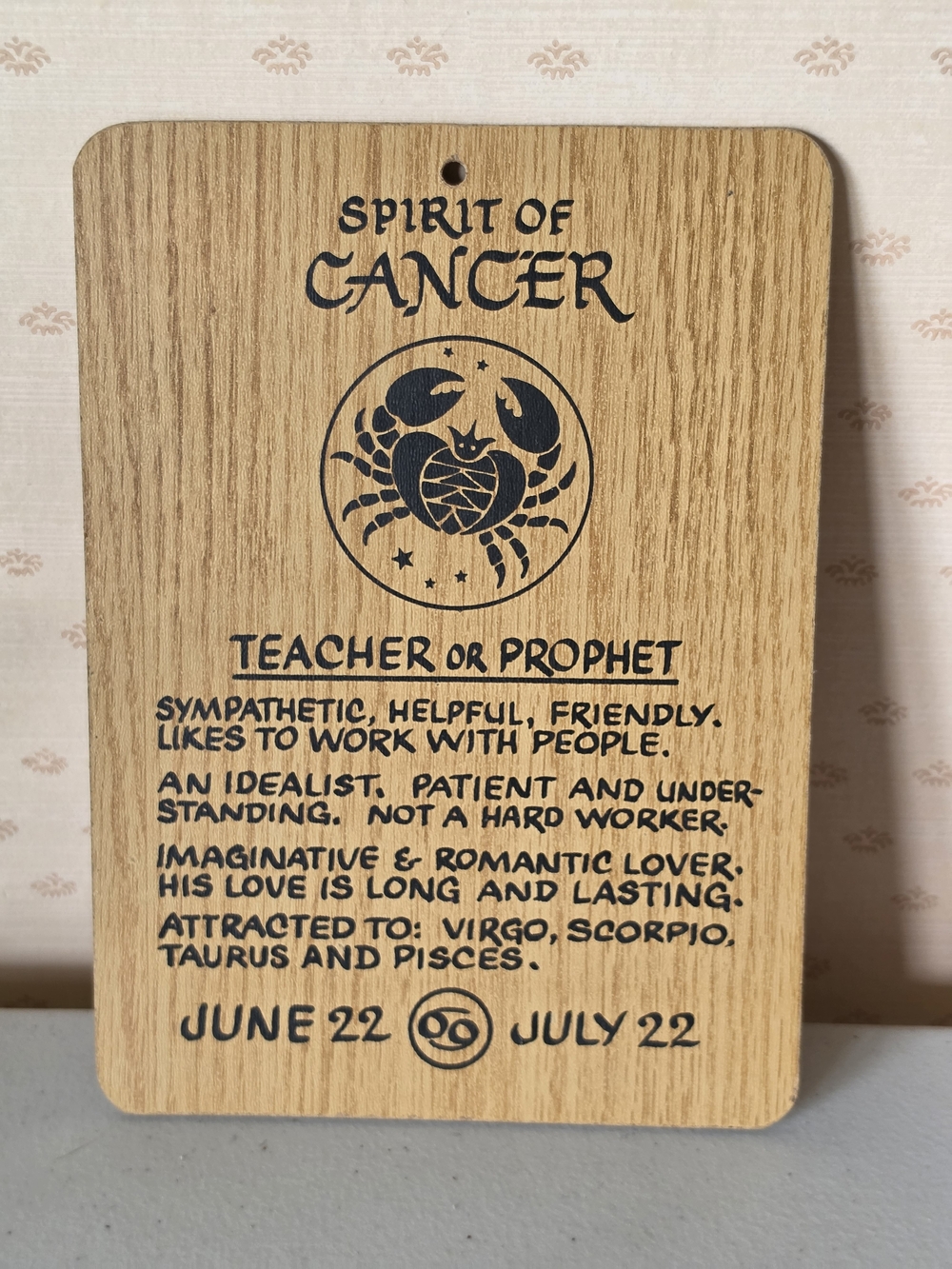 1970's Spirit of Cancer Wood Tarot/Sign Plaque - Natural Wood - Zodiac